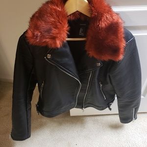 Faux leather jacket w/ detachable faux fur collar